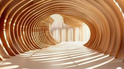 Futuristic wooden tunnel with curved light patterns and natural illumination
