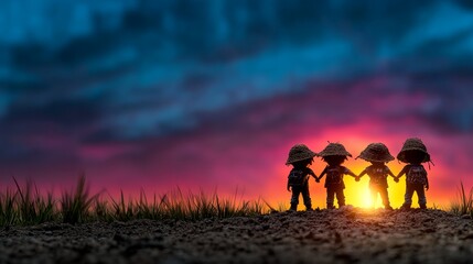Fototapeta premium Sunset Silhouette Friends Holding Hands Teamwork Unity Nature