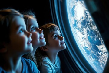 Space tourism package details, families in awe looking at Earth from space