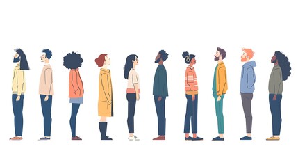 Fototapeta premium A diverse group of people in profile view, showcasing different hairstyles and outfits, emphasizing individuality and diversity.