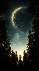 Naklejka premium A crescent-shaped galaxy illuminates a forest under a starry night sky, AI