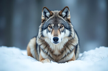 Obraz premium A beautiful adult wolf lies on the snow on a blurred background of a winter forest