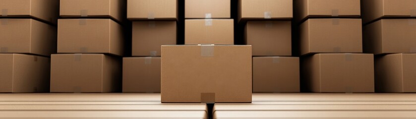 Fototapeta premium A row of stacked cardboard boxes with one prominently placed in the foreground, creating a sense of storage or shipping context.