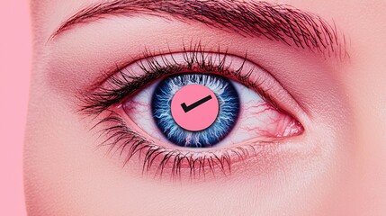 anti tracking security industry concept, A close-up of an eye with vibrant blue iris and a pink checkmark overlay, set against a soft pink background, creating a striking visual impact.