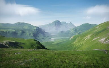 Majestic Snow-Capped Mountains with Lush Green Meadow Under a Vibrant Blue Sky