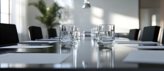 Modern Conference Room Ready for Meeting: Glasses of Water on Polished Table