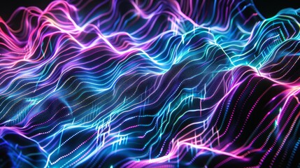 Vibrant abstract digital background with dynamic neon waveforms in pink, blue, and purple. Flowing lines and dotted textures create a sense of motion and depth on a dark backdrop