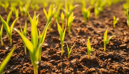 young corn plants growing in soil