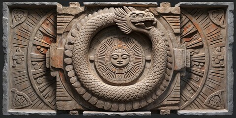 Ancient Mayan Stone Carving with Sun God Dragon Relief