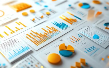 Clean, modern financial charts and graphs on a white background, 3D rendering, illustrating business insights and financial data visualization