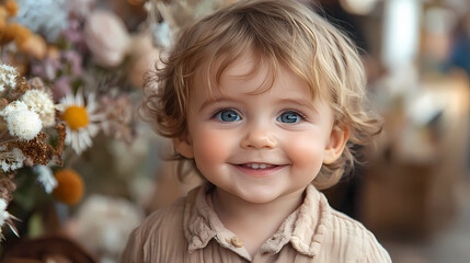 Walking down the runway with a smile is a cute smiling french baby