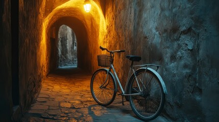 Serene Night Walk in an Enchanting Alleyway with a Vintage Bicycle Under Soft Warm Light and Rustic Stone Walls in a Peaceful Setting