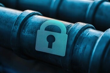 anti tracking security industry concept, A close-up of dark industrial pipes with a digital lock symbol overlay, emphasizing security and data protection in a technological context.
