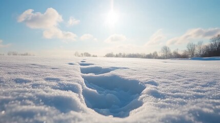 Serene Winter Landscape with Snow-Covered Field and Clear Blue Sky Illuminated by Bright Sunlight, Capturing Tranquility of Nature in Cold Season