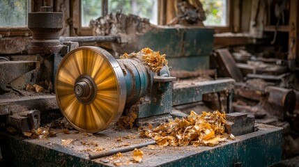 Close-up of a Vintage Woodworking Lathe with Wood Shavings