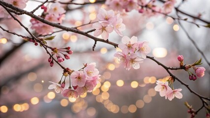 Obraz premium Serene cherry blossoms with glowing bokeh in soft focus for tranquil nature scenes