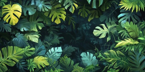 A cartoon picture of jungle vines and leaves makes a frame.  It shows tropical plants like ivy and monstera.