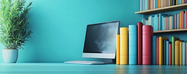 Modern online education concept with a computer and books on a blue background, digital learning environment, 3D rendering of educational tools