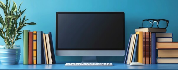 Online education concept with a computer and books on a blue background, 3D rendering, modern learning environment, digital education tools