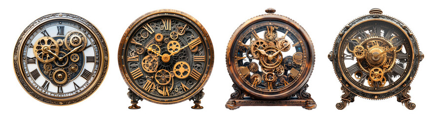 Fototapeta premium Vintage Steampunk Clocks on Transparent Background