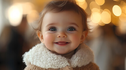 Walking down the runway with a smile is a cute smiling french baby
