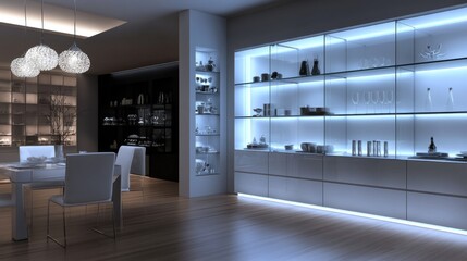 Modern Dining Area with Elegant Glass Display Cabinets