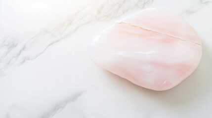 Fototapeta premium Polished Rose Quartz Stone With Natural Golden Veining On Marble