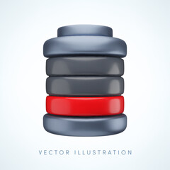 Vector cartoon 3d low charged battery icon. Cute realistic render of red low energy level accumulator. Charge indicator symbol, charging status sign, 3d alkaline battery capacity for app, game, ui.