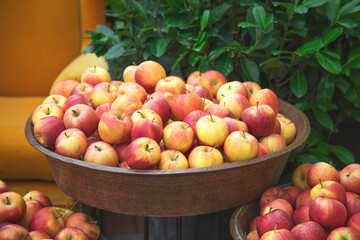 rustic bowl filled with fresh red yellow apples on display outdoors, surrounded by lush green leaves. depiction of organic produce and a healthy lifestyle. harvest demonstration holiday festival