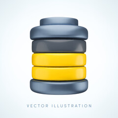 Vector cartoon 3d half charged battery icon. Cute realistic render of yellow mid energy level accumulator. Charge indicator symbol, charging status sign, 3d alkaline battery capacity for app, ui, game