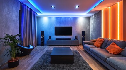 Modern home theater room with LED lighting, comfortable sofa, and large screen TV.