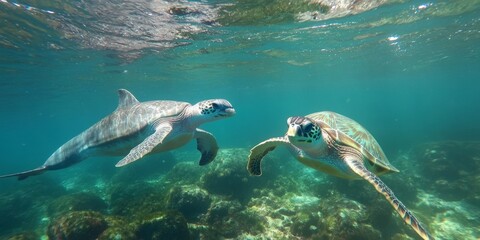 Fototapeta premium A dolphin and sea turtle swim close by, looking right at you.