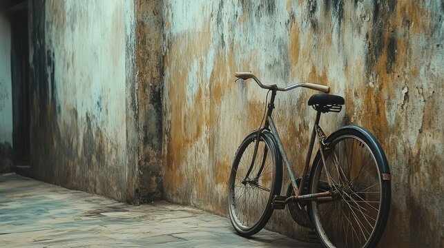 Vintage Bicycle Leaning Against a Weathered Wall in an Urban Alley, Evoking Nostalgia and Charm in an Artistic Urban Environment