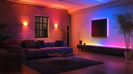 Modern living room with colorful LED lights, sofa, and TV.