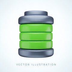 Vector cartoon 3d full charged battery icon. Cute realistic render of green high energy level accumulator. Charge indicator symbol, charging status sign, 3d alkaline battery capacity for app, ui, game