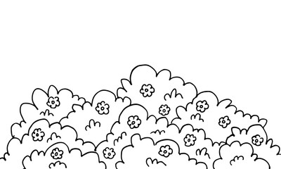 Cartoon line drawing of a bush with flowers, vector illustration background.