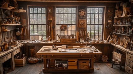 Fototapeta premium A Well-Equipped Wooden Workshop with Tools and Finished Products