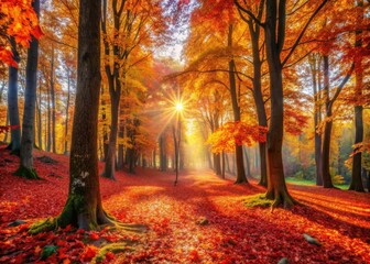 Captivating Autumn Leaves in a Tranquil Forest Setting - Nature's Colors, Seasonal Beauty, Vibrant Foliage, Scenic Landscapes, Forest Trails, Fall Colors, Natural Light, Outdoor Serenity, Leaf Fall