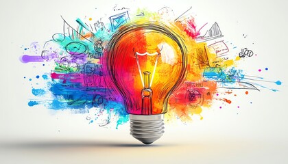3D light bulb with business and education doodles surrounding it, isolated on a white background, concept of innovation, creativity, and knowledge
