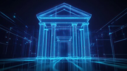 Obraz premium Digital Temple: A Wireframe Vision of Classical Architecture in Cyberspace