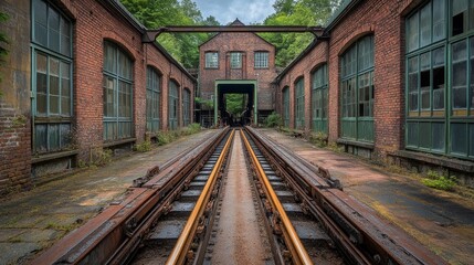 Naklejka premium Abandoned Train Tracks Leading Through a Decaying Industrial Building