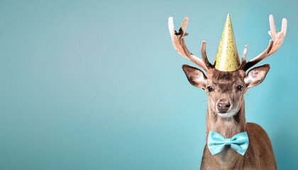 Creative animal concept. Deer in party cone hat necklace bowtie outfit isolated on solid pastel background advertisement, copy text space. birthday party invite invitation