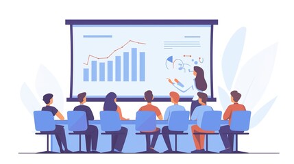 Dynamic Team Presentation: Cartoon-Style Business Meeting with Graphs and Charts on Screen, Team Engaged in Discussion in a Colorful, Modern Office Environment