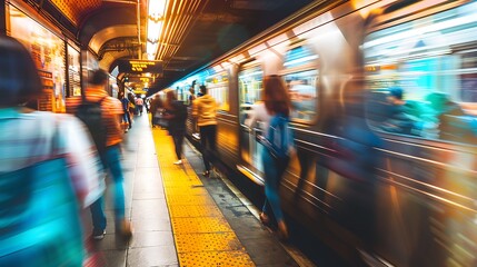 A bustling subway station with blurred movement, capturing the energy of commuters and trains in transit.
