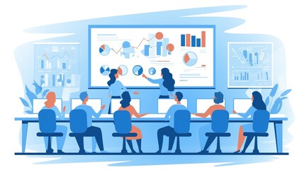 Dynamic Team Presentation: Cartoon-Style Business Meeting with Graphs and Charts on Screen, Team Engaged in Discussion in a Colorful, Modern Office Environment