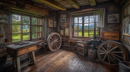 Fototapeta premium A cluttered workshop with tools, wooden wheels, and framed pictures