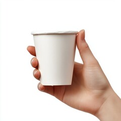 Hand holding white paper cup isolated on white background