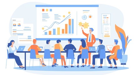 Dynamic Team Presentation: Cartoon-Style Business Meeting with Graphs and Charts on Screen, Team Engaged in Discussion in a Colorful, Modern Office Environment