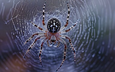 Close-up of a spider with distinctive markings on its abdomen, sitting in the center of its intricate web, covered in dewdrops.