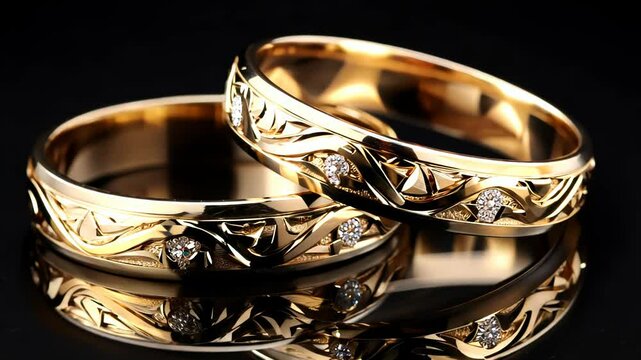 Two gold wedding rings with patterns on a dark background